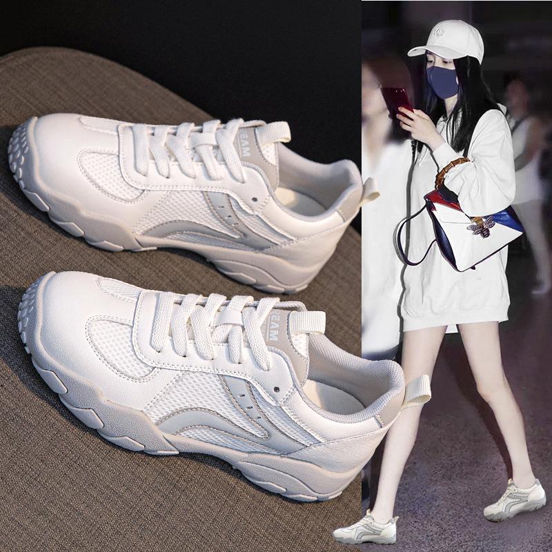 Leather Women's Little White Shoes Autumn New Mesh Breathable Sports and Leisure Shoes Versatile Thick Baseplate Shoes