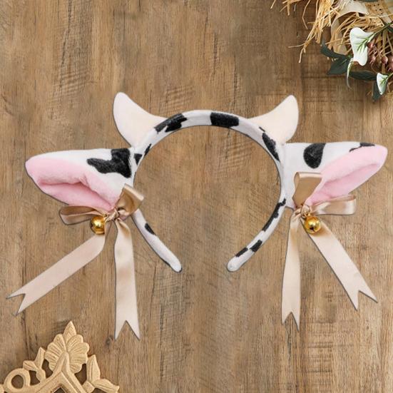 Женская повязка на голову с ушками молочной коровы и бантом, лента, колокольчик, декор, гибкий легкий головной убор ручной работы, аксессуар для костюма