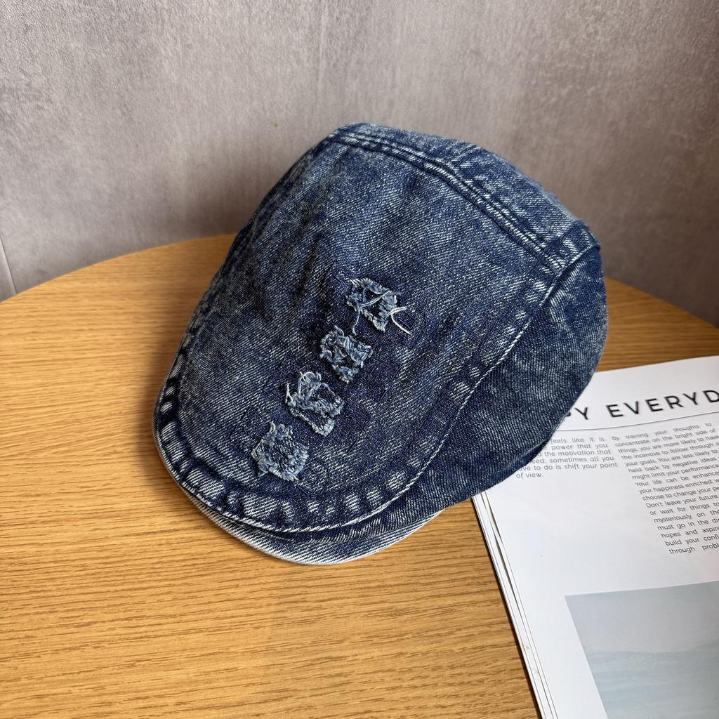 Retro Denim Letter Beret Hat With Wide Brim For Women Streetwear Everyday Use