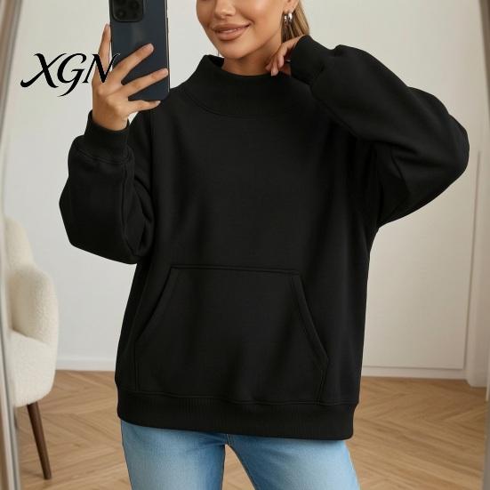 Women Sweatshirt Oversized Mock Neck Sweatshirt, Fall Winter Solid Color Pullover with Kangaroo Pocket Top, Loose Casual Long Sleeves Top