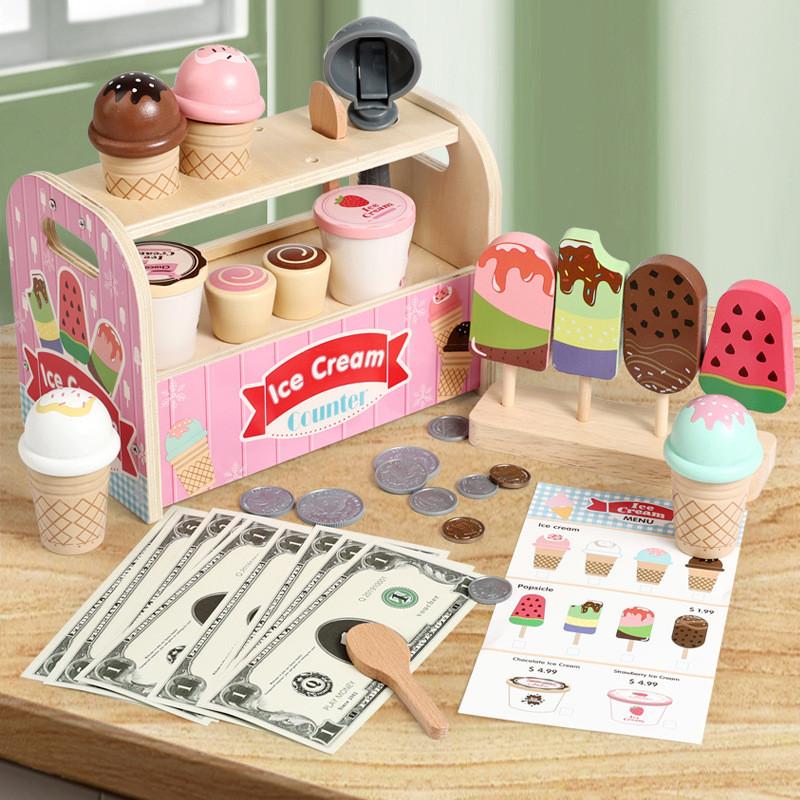 Wooden Pretend Kids Ice Cream Shop Playset With Natural Finish For Birthday Gift