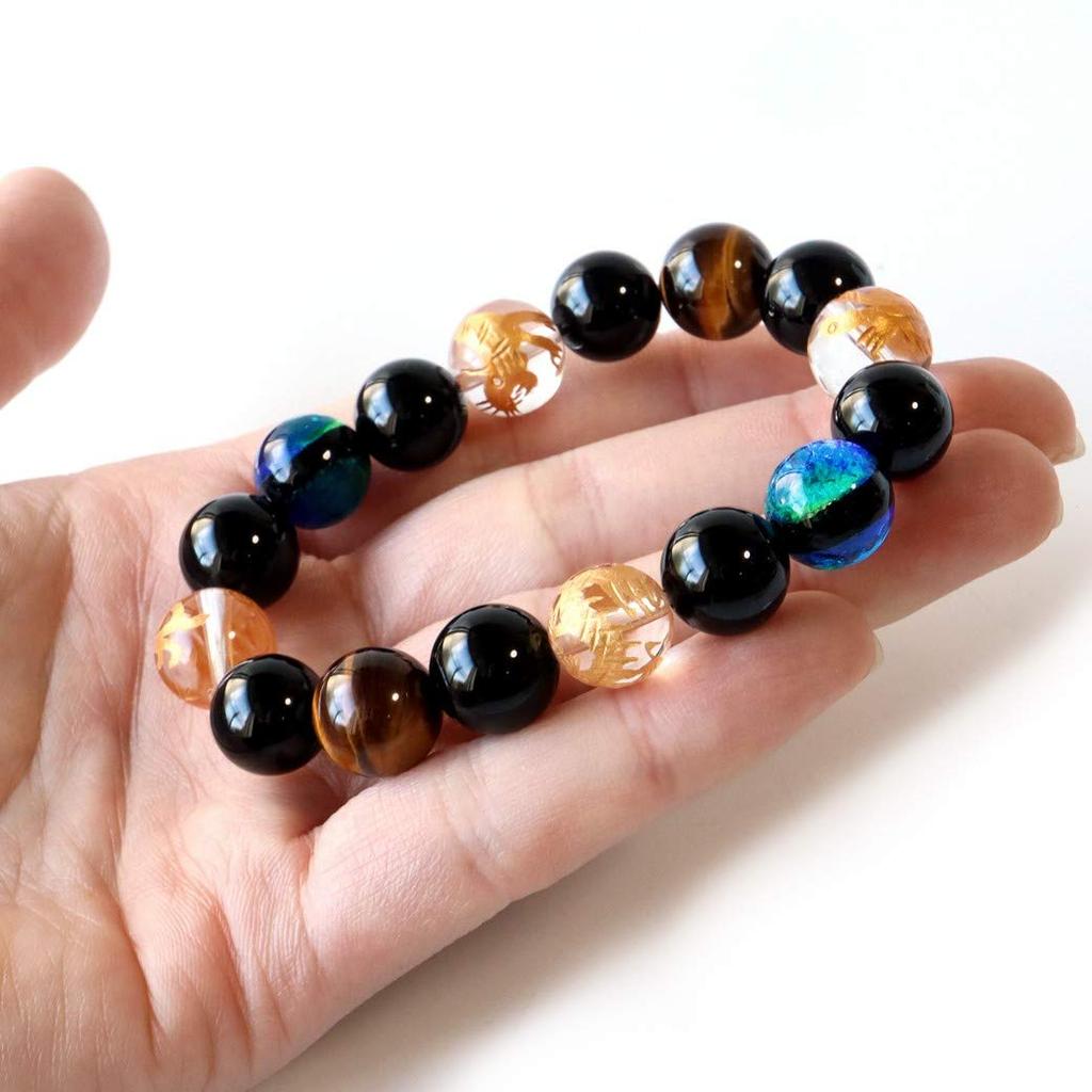 Four Gods Firefly Glass Bracelet 12mm Glowing Kerama Marine Crystal Natural Stone Power Stone Accessory [GOLD STONE] Men's
