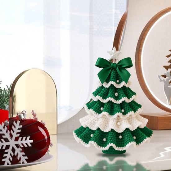 Handmade Crochet Christmas Tree DIY Crochet Christmas Tree Kit with Bow Faux Pearl Decor Holiday Craft Starter Set for Beginners