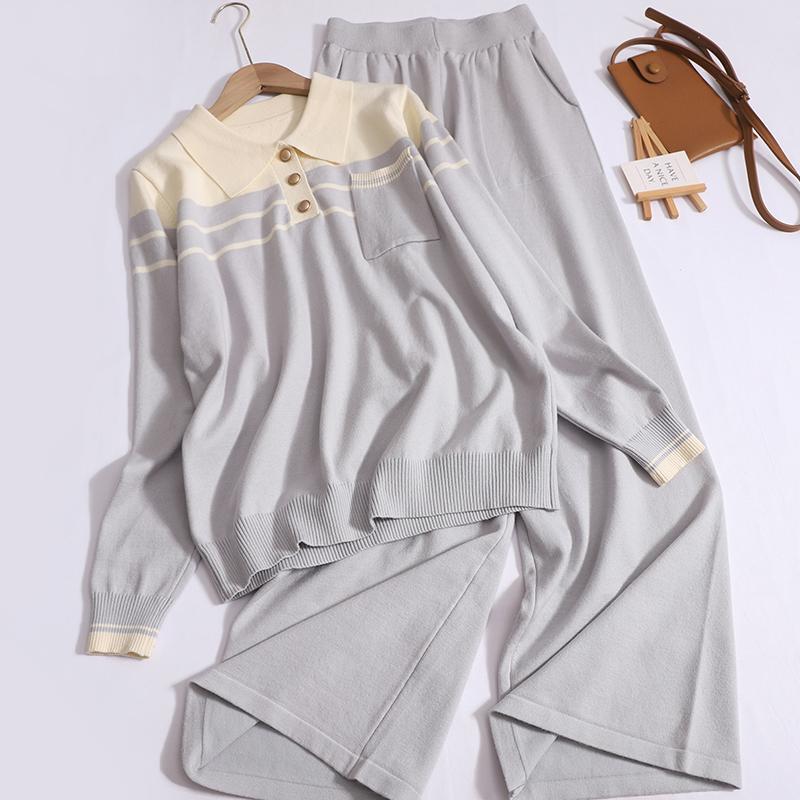 Женский повседневный осенний комплект из двух предметов, свободный контрастный цвет, отложной воротник, длинный рукав, широкие брюки с карманами, трикотажный костюм