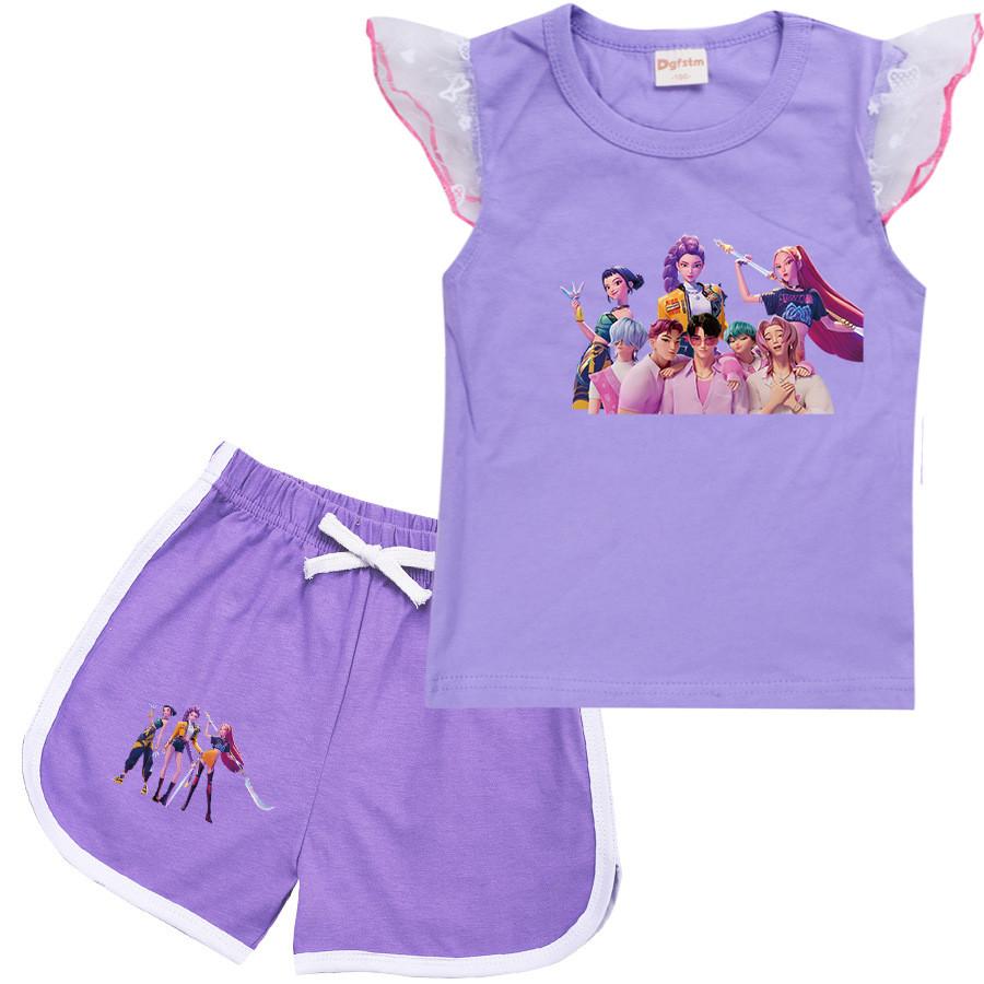 Детский Девочки Аниме Мультяшный ПОП Певица Руми Зои Мира С Принтом Повседневный Сет Одежды Футболка с Короткими Рукавами и Сетчатыми Рукавами Шорты