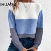 Autumn and Winter Knitted Sweater Women's Clashing Colour Splicing O-Neck Long Sleeve Pullover Top