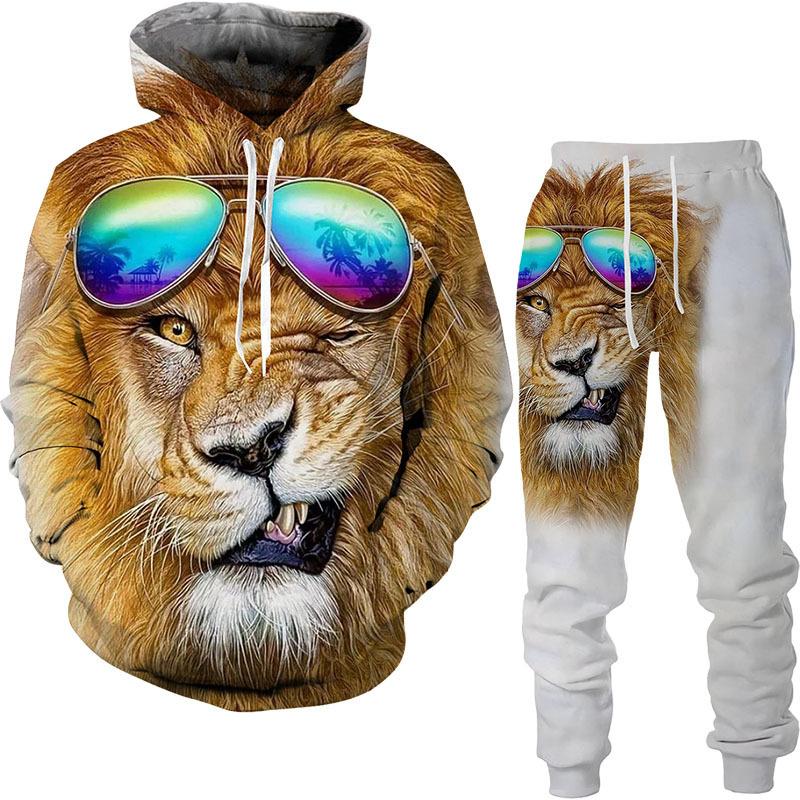 Мужские спортивные костюмы Cool Lion 3D Print, повседневные толстовки с капюшоном и штаны, комплект из 2 предметов, свободная толстовка, трендовая уличная модная мужская одежда