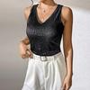 Women Vest Sequin Decoration V-Neck Sleeveless Top Loose Fit Bottoming Vest Holidays Parties Everyday Wear
