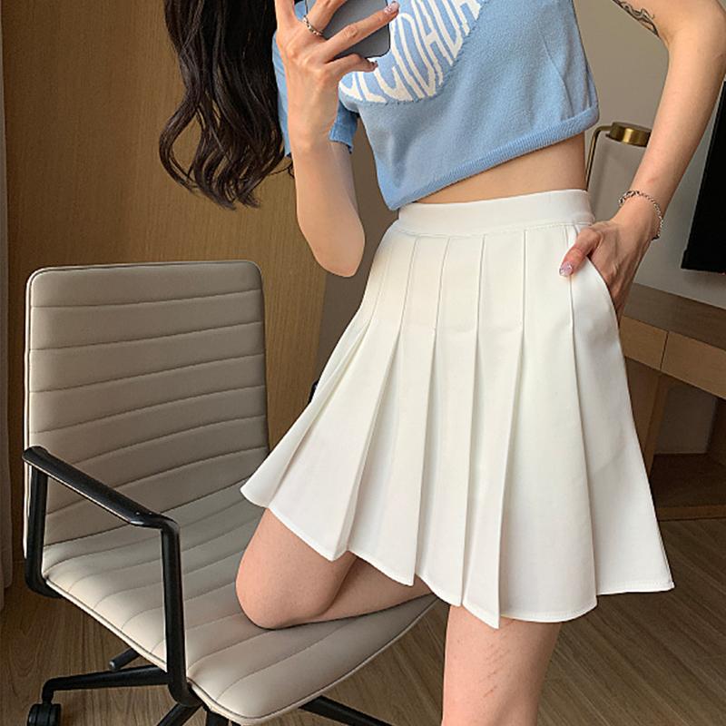 Summer Women's Half-body Skirt Pocket Solid Color Temperament Elegant Elastic Waist Pleated Skirt High-waisted Short Skirt