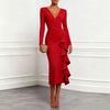 Женское платье с V-образным вырезом, длинным рукавом, рюшами и разрезом, цветное, приталенное, для повседневной носки