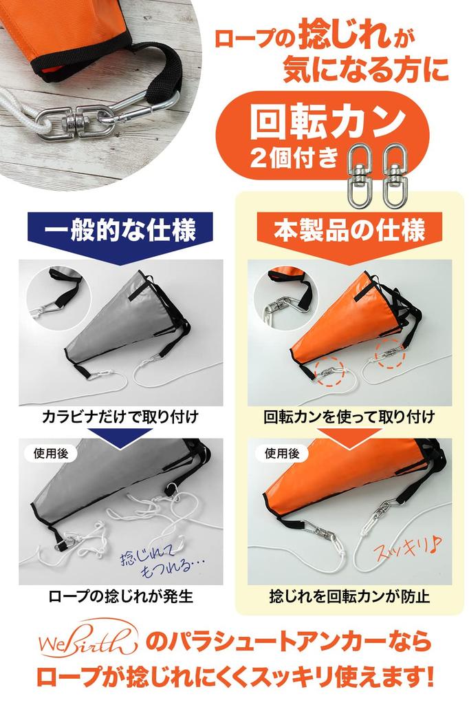 Морской якорь WeBirth, Легкий подъем веревки, Защита от скручивания, Включено руководство по использованию на японском языке, Готов