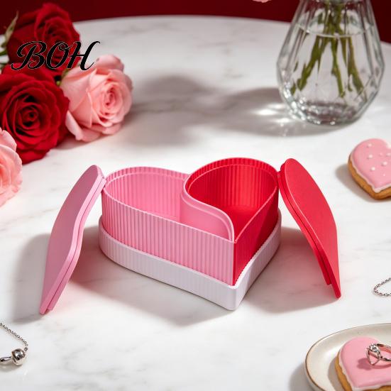 Creative Jewelry Display Case Heart Shape Storage Box, 3D Printed Detachable Dual Compartment Organizer, Decorative PLA Material Box Pink Red with Lid