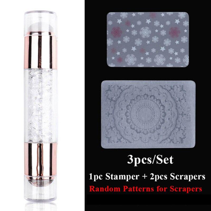 3pcs Nail Stamp Art Set Double Head Silicone Nail Stamper Crystal Handle Stamp Random Stencil Easy Stamp Set Stamp Plating Tool