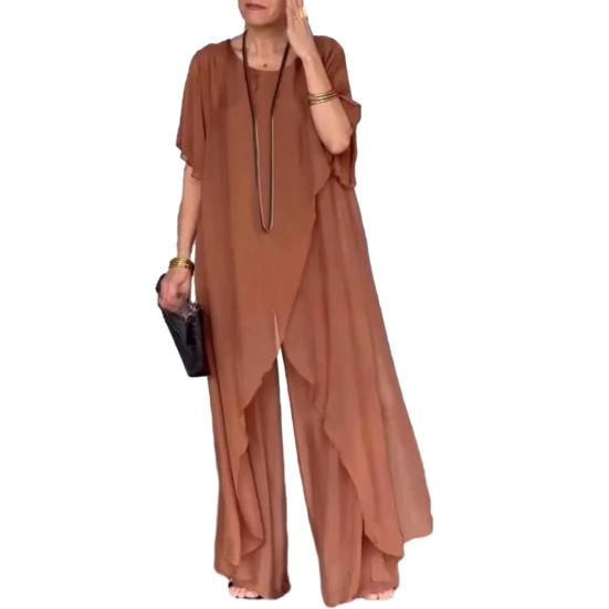 2 шт./компл. Женский повседневный наряд Топы с круглым вырезом и длинным рукавом, неровный подол, Комплект длинных брюк с эластичной талией, Однотонный наряд