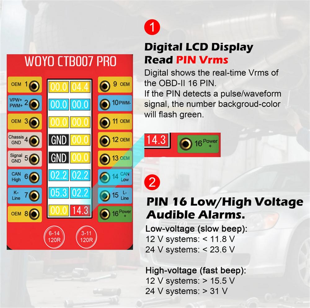WOYO CTB007PRO OBD2 Универсальный пусковой блок Цифровой дисплей Диагностический адаптер с удлинительным кабелем 70 см