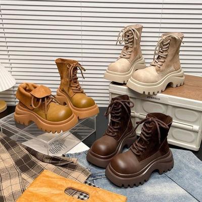 Ботинки ревень женские 2025 лето новые ретро шнуровка лацкан два способа ношения повседневные ботинки-локомотивы короткие ботинки рабочие ботинки женские