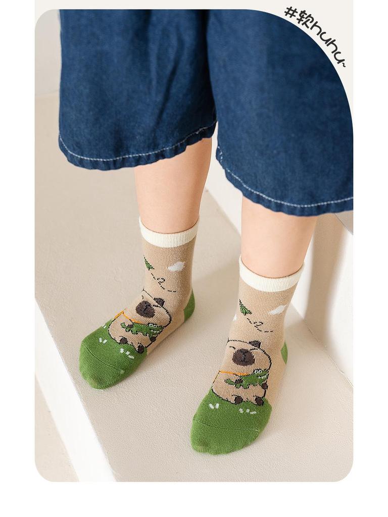Capybara Kids' Cotton Mid-Calf Socks with Cartoon Designs for Spring, Autumn, and Winter