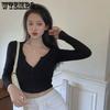 Черный обтягивающий тонкий сексуальный спортивный кардиган с длинным рукавом, весенний женский дышащий топ с v-образным воротником для бега