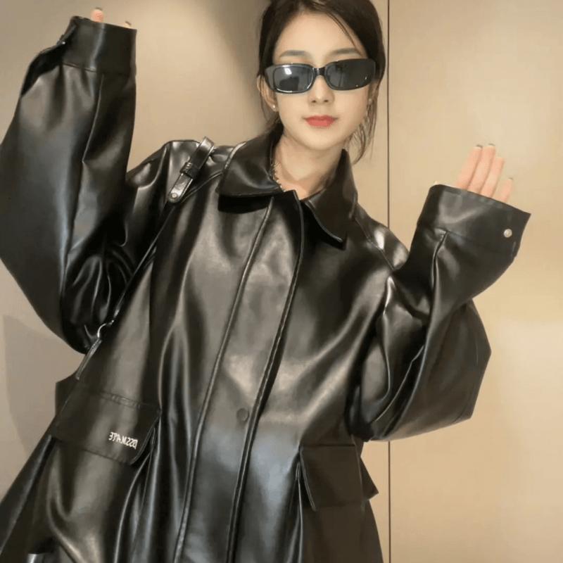 Fashionable and Casual Hong Kong Style Leather Jacket for Women