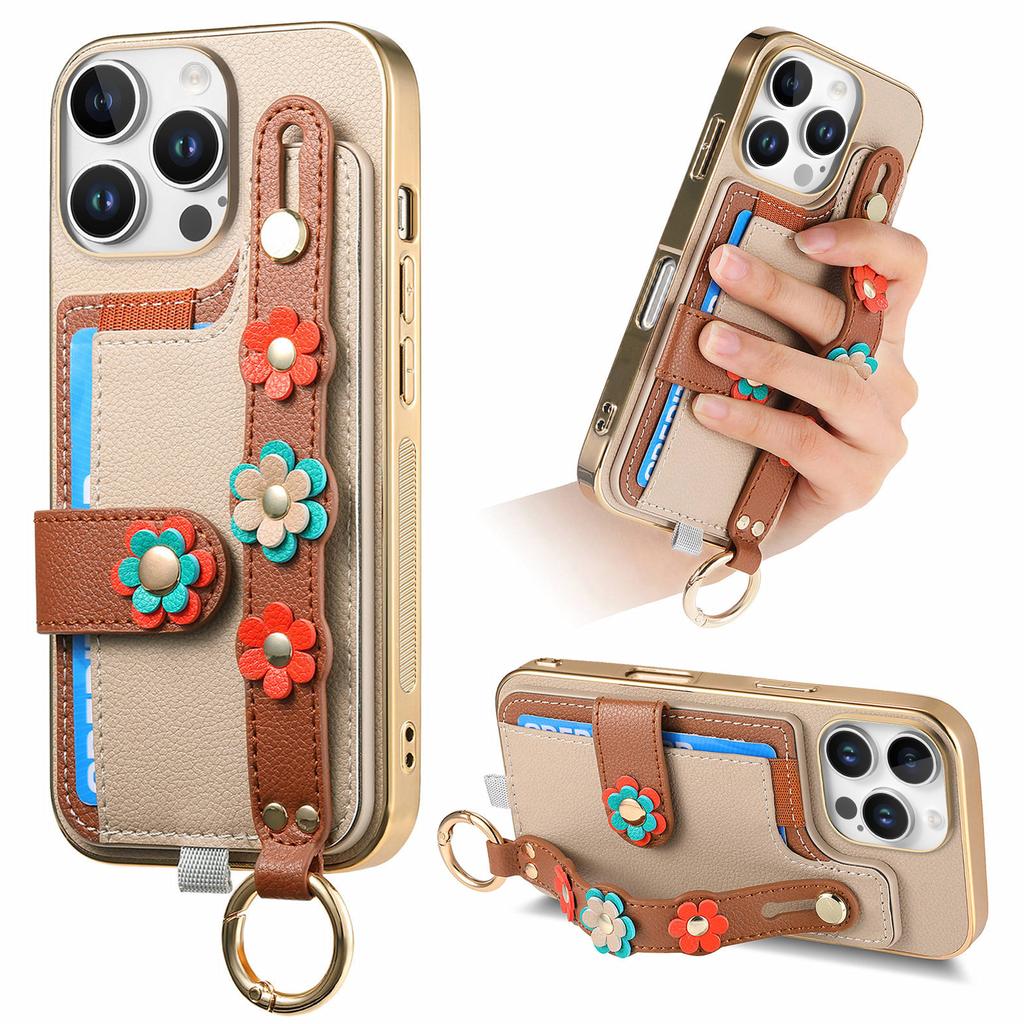 Card Holder Ring Wrist Strap Leather Phone Case for iPhone 16 15 14 13 12 11 Pro Max Plus Protective Shockproof Cover