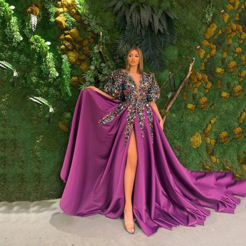 Новая модель года, европейское и американское женское платье, вечернее платье для банкета с пайетками, широким подолом и V-образным вырезом