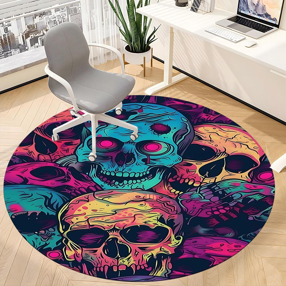 1PC Skull Vibrant Office Round Area Rug, Mat Suitable For Office, Under Office Chairs Bedroom Living Room Home Decor, Room Deco