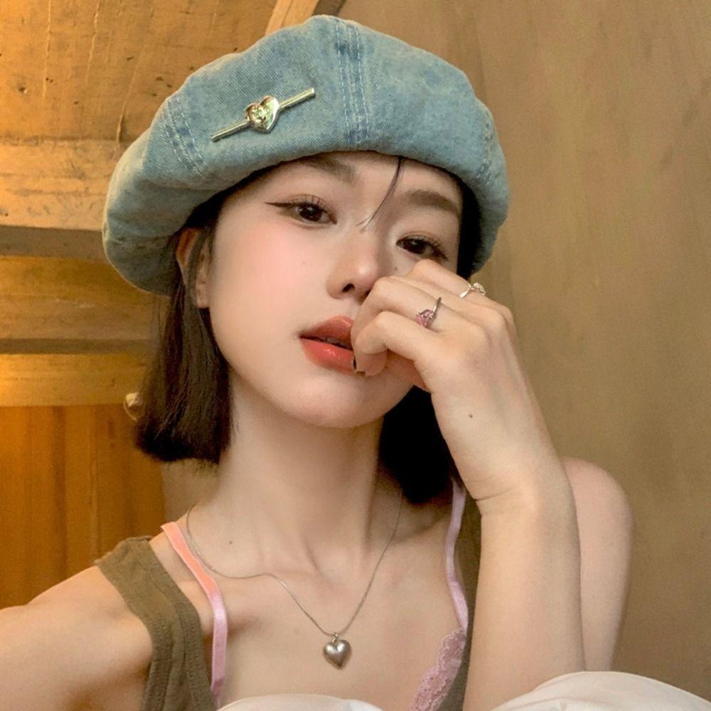 Y2K Cowboy Beret Cap Korean Style Painter Hat Sweet Love Heart Beret Girl