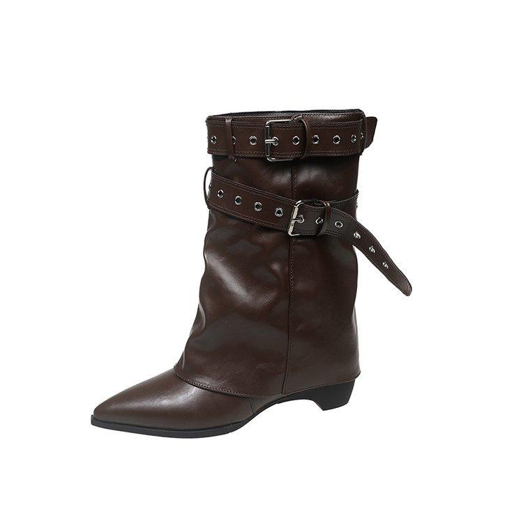 Американские Spice Girls~ Осень-Зима 2025 Новые Брюки с Пряжкой на Ремне Ботильоны на Каблуке Ботильоны с Острым Носком для Увеличения Роста Женские Ковбойские Сапоги в Западном Стиле