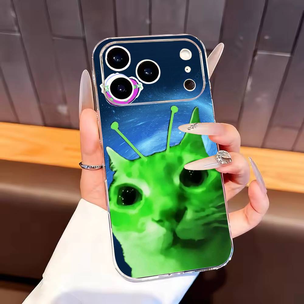 Зеленый инопланетный кот милый Чехол для телефона для iPhone17,16,15,14,13,12,11 Plus,Pro Max Мягкий прозрачный чехол