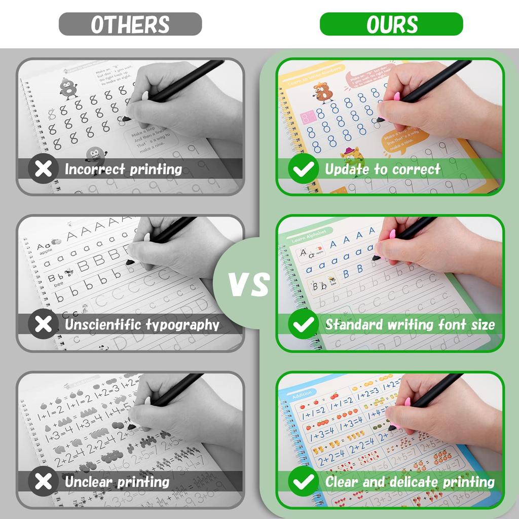 4 шт. Волшебная тетрадь для прописей на испанском, английском, французском, немецком языках с рифлеными рабочими тетрадями для детей, многоразовая практическая книга со сменным стержнем для ручки