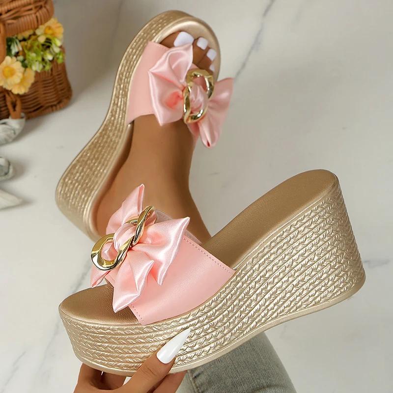 Fashion White Satin Bowknot Chunky Platyform Sandals for Women Fashion Chain Decor Wedge Heel Sandals Woman Thick Bottom Summer Slippers