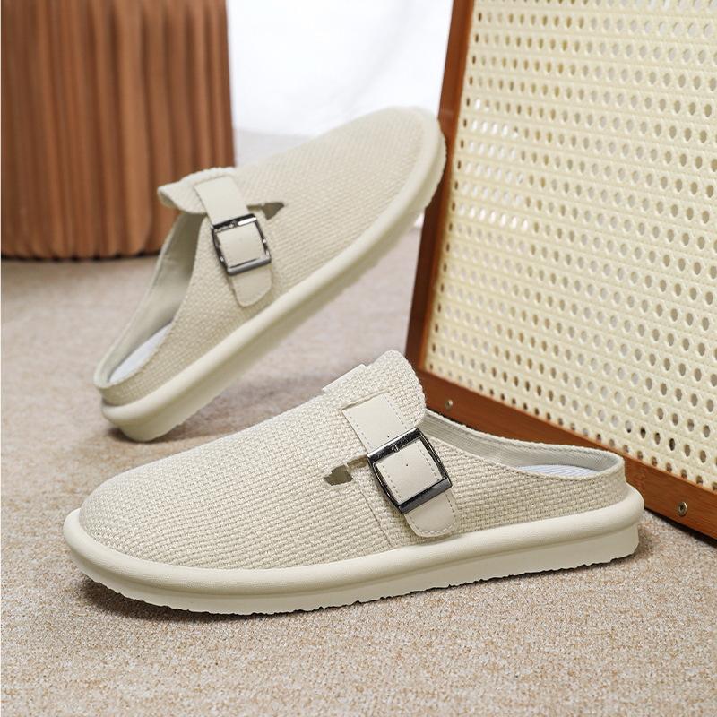 Мода 2025 Мужские льняные шлепанцы с закрытым носком Летние дышащие тапочки для дома и улицы Большого размера Комфортная повседневная офисная обувь для поездок