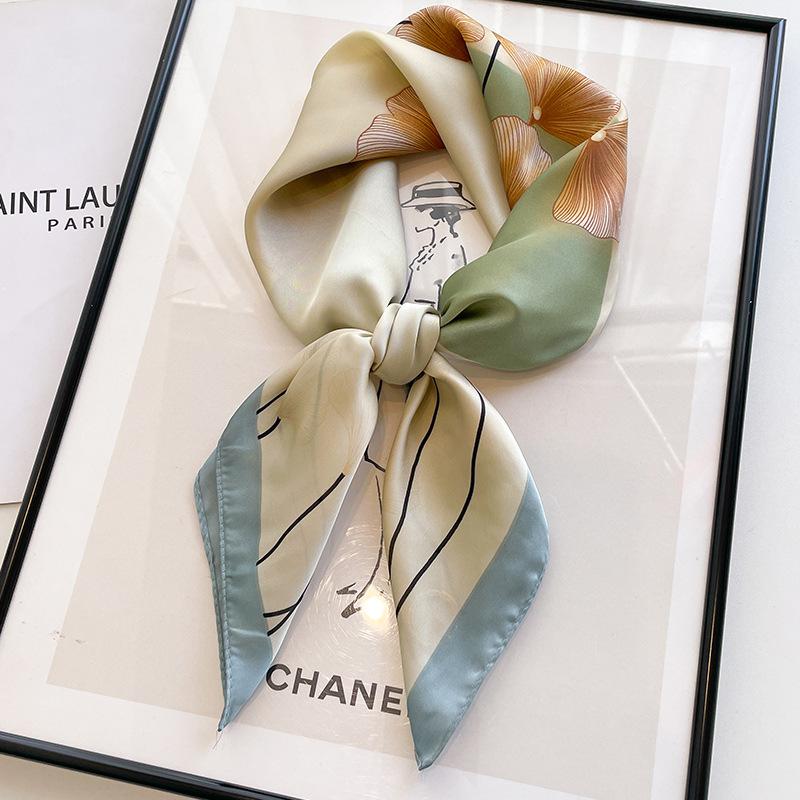 Green oil painting small square scarf silk scarf women's summer thin sunscreen spring and autumn headscarf head scarf tied bag headband belt