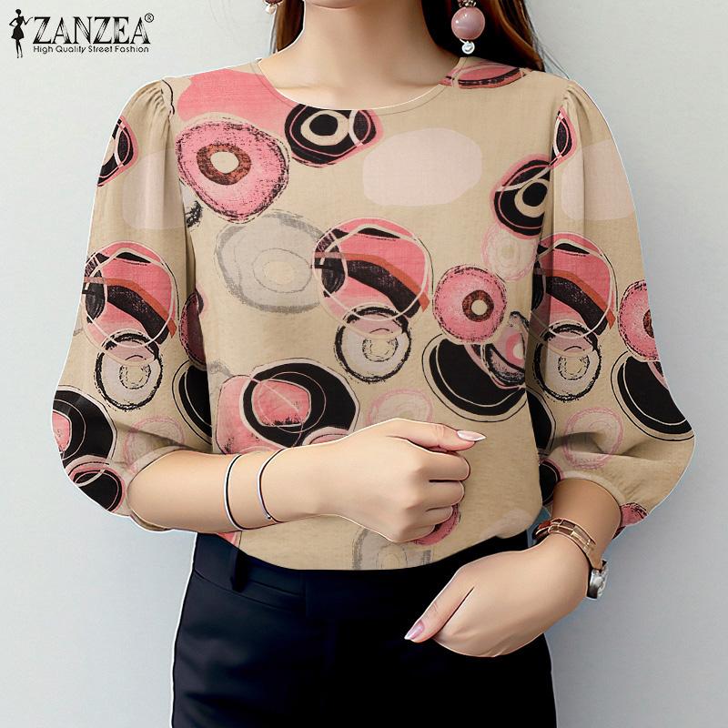 ZANZEA Women Casual Round Neck 3/4 Sleeve Loose Print Blouse