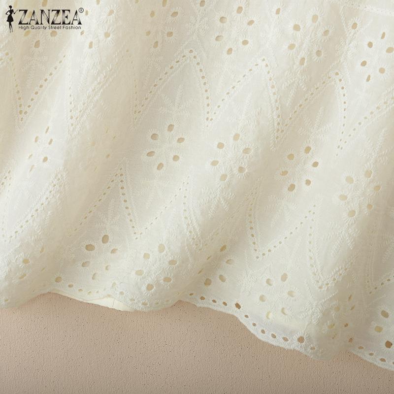 ZANZEA Женская повседневная блузка с круглым вырезом, коротким рукавом, вышивкой, крючком, пэчворком