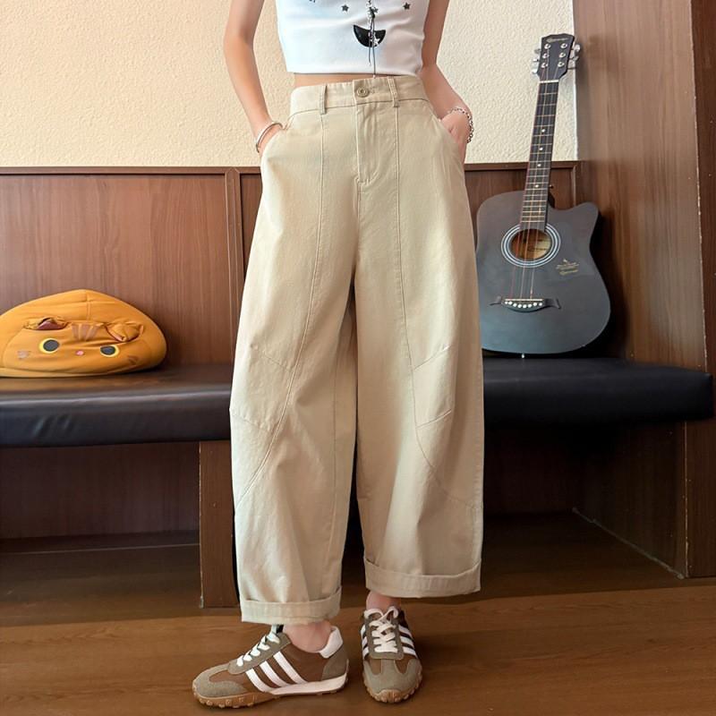 Womens High-Waisted Wide-Leg Cropped Cotton Pants Loose Fit Casual Trousers Lightweight
