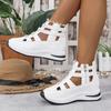 Women'S White High-Top Cage Cut-Out Zipper Thick Sole Sneakers - Breathable PU Upper, Cushioned Comfort, All-Season Casual & Light Sports Shoes