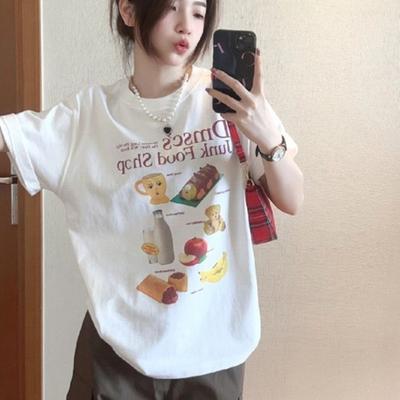 Веселая футболка с мультяшным принтом граффити, белая, женская, летняя, свободного кроя, с круглым вырезом, повседневный топ с ощущением нишевого дизайна
