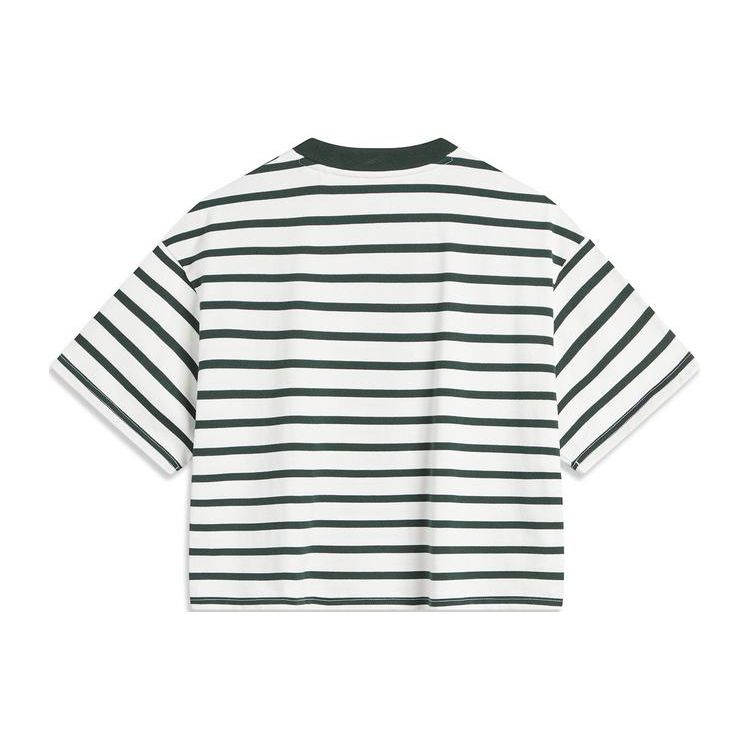 Li-Ning Футболка Weekend Youth в полоску с коротким рукавом и заниженной линией плеч, женские топы, цвет: белый, винтажно-зеленый AHSU720-2