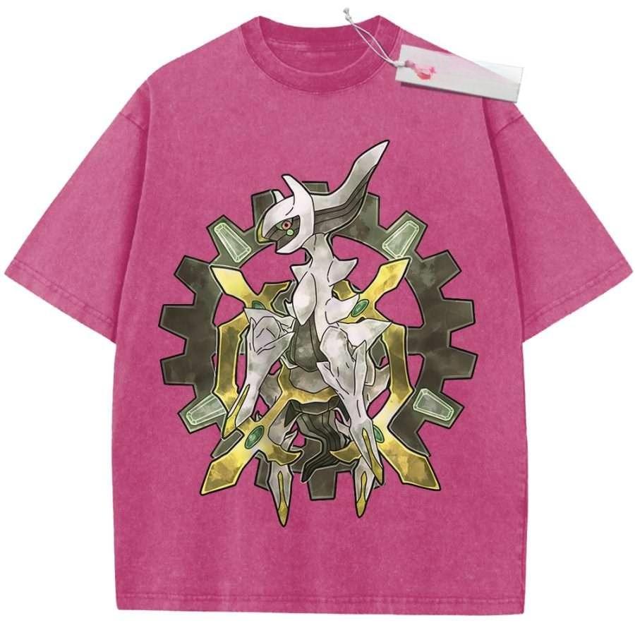 Summer Mens Black Washed T Shirt Pokemon Arceus Gear Pattern High Quality Fabric for Casual Shopping