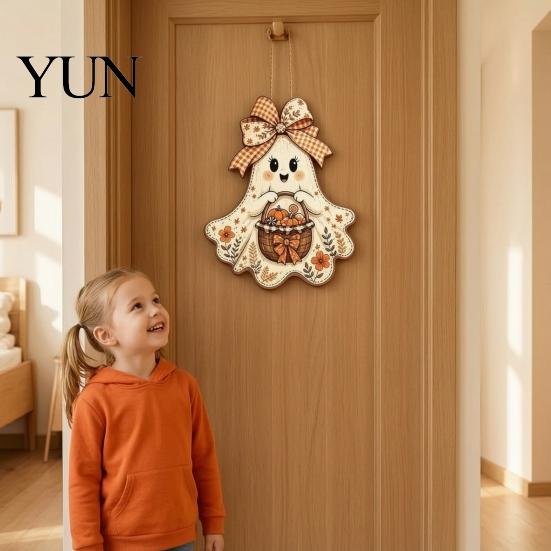 Cute Ghost Gift for Home Bow Hanging Sign, Rustic Retro Floral Door Sign with Pumpkin Halloween Party Background Decor Basket, Vintage Wooden Pendant