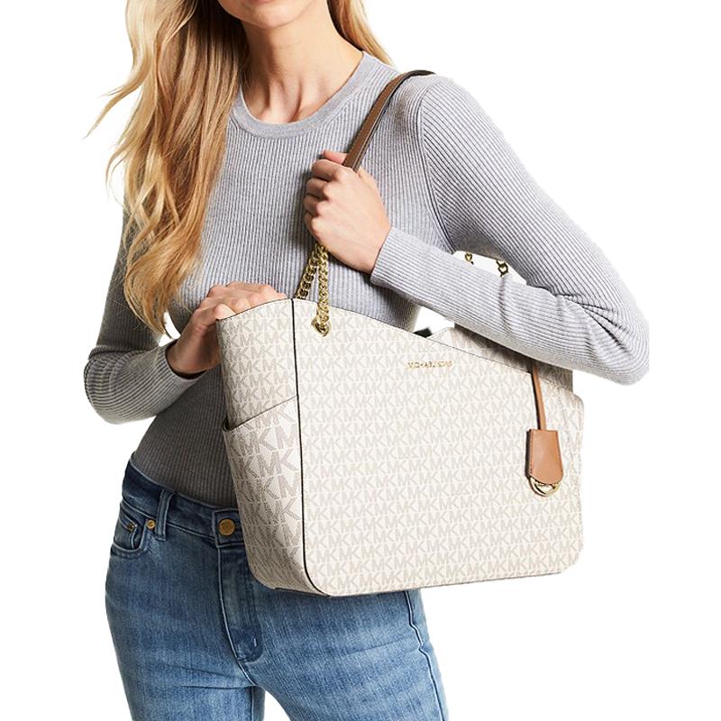 Michael Kors MK Jet Set Сумка через плечо из холста с цепочкой и логотипом, вместительная, женская, цвет Ванильно-белый 35F1GTVT3B-VANILLA