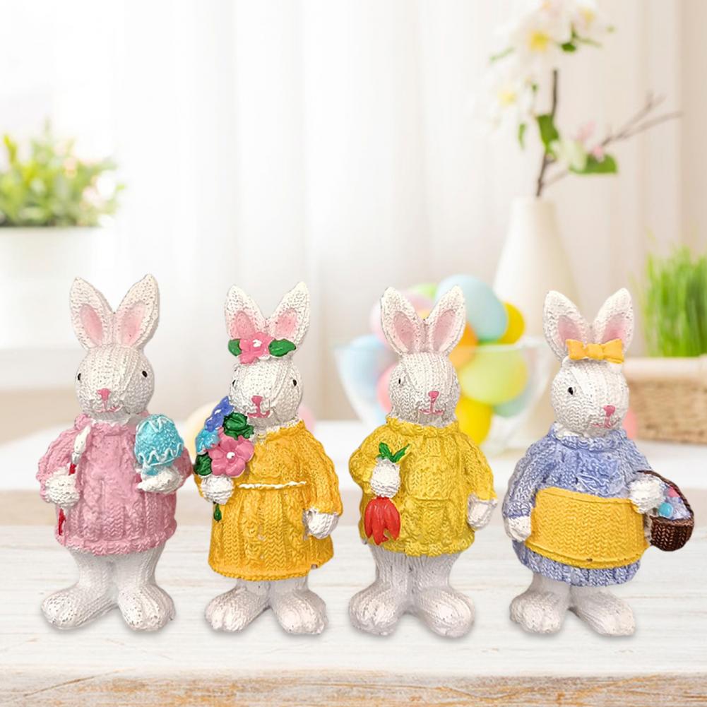 4Pcs Easter Bunny Figurine Holding Flower Egg Knitted Sweater Rabbit Statue Spring Easter Holiday Party Decoration Ornament