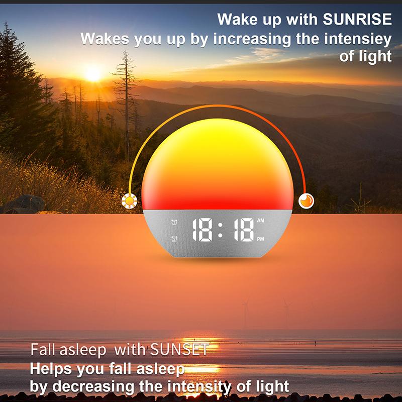 Wake Up Light Alarm Clock Sunrise/Sunset Simulation FM Radio Color Night Light White Noise Machine Bedside Clock for Home Decor