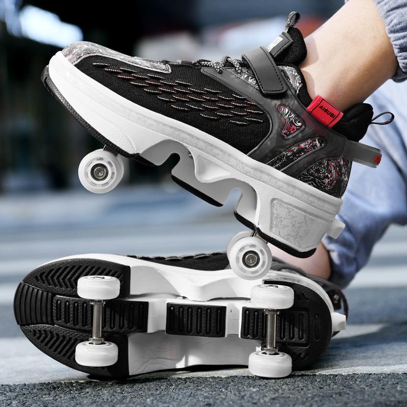 Retractable Four-Wheeled Running Shoes: High-Elastic, Breathable Mesh Roller Skates for Men and Women.
