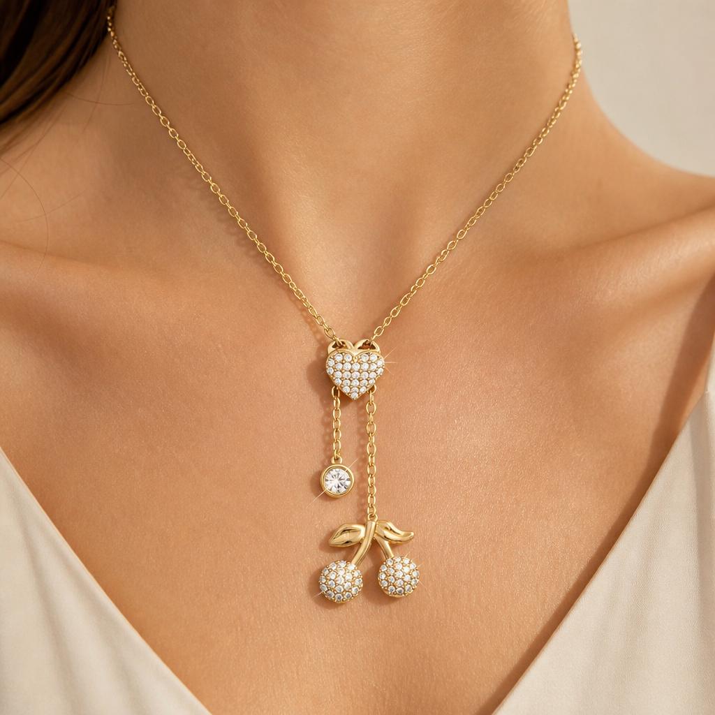 Elegant Crystal Heart Pendant Lariat Necklace Gold Tone Y Drop Chain Sparkling Charm Women Fashion Jewelry Gift