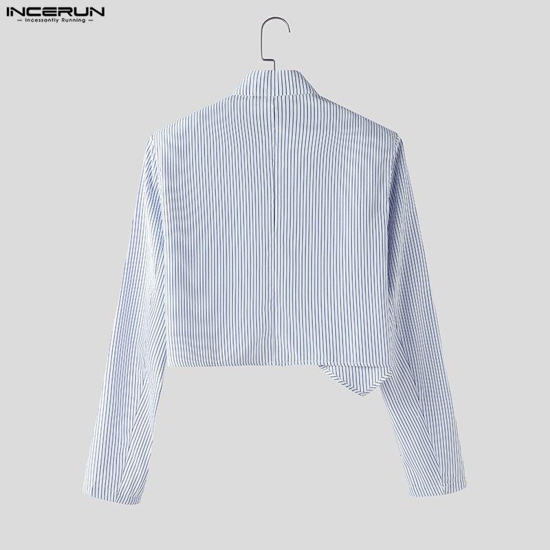 INCERUN Мужские наряды Стойка воротник Полосатый Длинный рукав Кроп-топы На молнии С высокой талией Длинные брюки Комплекты