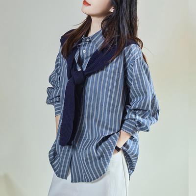 Женская рубашка в синюю полоску, с длинными рукавами, вязаный топ-шаль, весенний дизайн