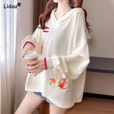 Новая весенне-осенняя толстовка в китайском стиле, винтажная, литературная и художественная, с вышивкой, застежкой-паньбукле, свободная, повседневная, оверсайз