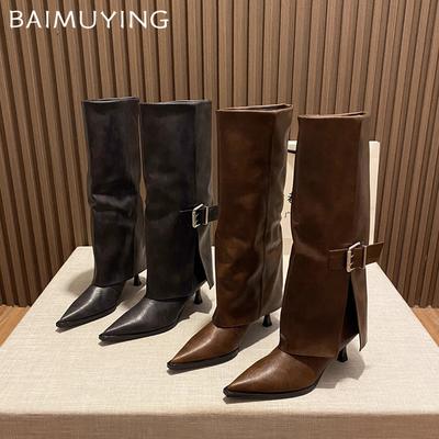 Острый носок женские высокие сапоги кожа мода сексуальные туфли на высоком каблуке 2025 тренд дизайнерские туфли-лодочки с пряжкой до колена зимние Botas De Mujer